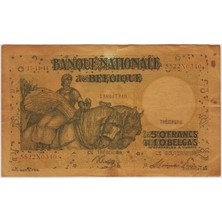 Banknoting Belçika 50 Frank-10 Belgas 1944 Üst Ortada 0,5 cm Yırtık ve Minik Delik Sararmış.
