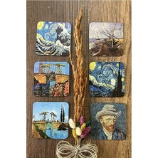 Aesco Van Gogh Temalı Ahşap Bardak Altlığı, 6'lı Set (9X9CM)