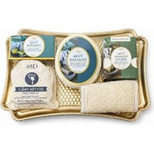 Aesco Hediye Banyo Seti – 4 Türk Hamam Sabunu, 1 Süngerli Sabun ve Kese ile Tepsi
