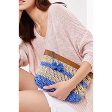 Dathcha Kadın Çizgili Clutch & Small Bag Bej & Mavi Renk, Fermuarlı