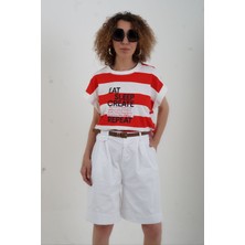 Zelish My Sister Kırmızı Çizgili Eat Sleap Baskılı Oversize Tshirt