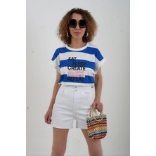 Zelish My Sister Mavi Çizgili Eat Sleap Baskılı Oversize Tshirt