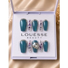 Louesse Beauty Louésse Beauty El Yapımı Takma Tırnak Turkuaz Simli Taşlı Hazır Takma Tırnak Parıltılı Protez Tırnak