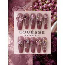 Louesse Beauty Louésse Beauty El Yapımı Gül Desenli 3D Taşlı Takma Tırnak | Luxury Pembe Kristal Press On Nails | Premium Takma Tırnak Seti