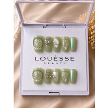 Louesse Beauty Louésse Beauty El Yapımı Takma Tırnak Yeşil Taşlı Inci Detaylı Hazır Takma Tırnak Protez Tırnak Görünümlü