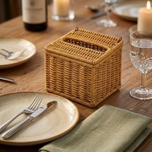Seraç Kapaklı Hasır Peçetelik Kutu 13X13X9 cm Doğal Rattan Peçete Saklama Kutusu