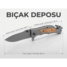 Bıçak Deposu Hamidbey Paslanmaz Çelik Ahşap Kabzalı Katlanır Kamp Çakısı, Cam Kırıcı ve Kemer Kesicili Taktik Bıçak (22 Cm)
