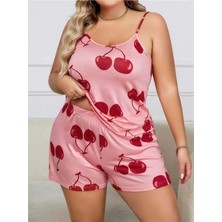 Nevamel® Büyük Beden Pembe Kiraz Desen Ince Askılı Pamuklu Şortlu Pijama Takımı