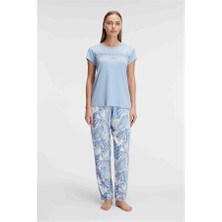 Nevamel® Kısa Kol Bisiklet Yaka Kadın Viskon Çiçek Desenli Yazlık Örme Dantel Detaylı Pijama Takımı