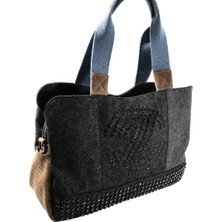 Biem Accessory Biem Antrasit -Vizon Denim Salaş-Retro Taş Trok Döşemeli Çok Gözlü Çanta