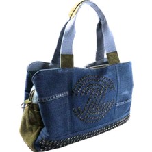Biem Accessory Biem Indigo-Haki Denim Salaş-Retro Taş Trok Döşemeli Çok Gözlü Çanta