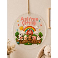 JHAAR Kişiye Özel Çocuk Bebek Odası Isimliği - Kapı Isimliği Yuvarlak Pleksi Hayvan Çiftliği 30X30 cm - Kız Modeli