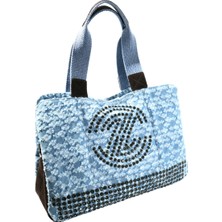 Biem Accessory Biem Açık Mavi-Yırtık Desen Denim Salaş-Retro Taş Trok Döşemeli Çok Gözlü Çanta