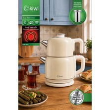 Kiwi KTM-2921 Paslanmaz Çelik Çay Makinesi | 1800W & 2.2 L Su Isıtıcı & 1.2 L Demlik & 90°c Sıcak Tutma Krem