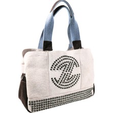 Biem Accessory Biem Bej-Kahve Denim Salaş-Retro Taş Trok Döşemeli Çanta