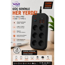 Wair Teknoloji 6'lı Topraklı Grup Priz 4 USB 2 Type-C Hızlı Şarj 1.8 Metre Kablo Aşırı Yük Korumalı