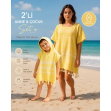 Pınars Anne Çocuk 2li Set Bornoz Panço %100 Pamuk Plaj Havlusu Peştemal Sarı (Anne S/m)