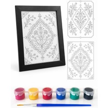 Vuud Çerçeveli Geleneksel Çini & Tezhip Motifi Hobi Boyama Seti (Camlı Siyah Çerçeve +6 Renk Akrilik Boya + Ince Ulu Fırça + 2 Motif)