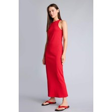 DeFacto Bodycon Vücudu Saran Halter Yaka Ribana Kolsuz Kırmızı Midi Elbise H7119AX26SM