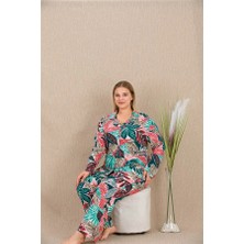 Nevamel® Büyük Beden Renkli Yaprak Desenli Düğmeli Uzun Kol Viskon Pijama Takımı