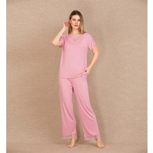 Nevamel® Viskon Şık Tasarım Dantel Işlemeli Pembe Kısa Kol Pijama Takımı