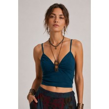 Clandestino Desenli V Yaka Askılı Crop Top Lacivert