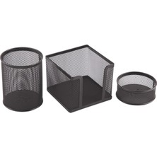 Sync Ticaret 3A 1175 Metal Perfore Ofis Seti, 3'lü Siyah, Ataçlık+Küp Not+Kalemlik