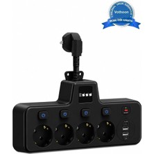 Termal Akım Korumalı 4’lü Duvar Tipi Priz 2x USB 2x Type-C Çıkışlı Grup Priz Çoğaltıcı Siyah (2500W