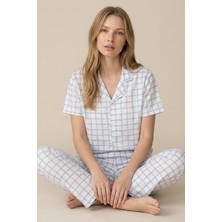 Morro Kadın Mavi Kareli Düğmeli Yaka Kısa Kollu Pijama Takımı