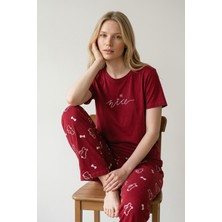 Morro Kadın Mavi Yazı Baskılı Bisiklet Yaka Kısa Kollu Pijama Takımı