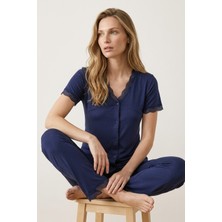 Morro Kadın Vişne Dantelli Viskon V Yaka Kısa Kollu Pijama Takımı