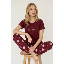 Morro Kadın Mavi Yazı Baskılı Bisiklet Yaka Kısa Kollu Pijama Takımı