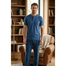 Morro Erkek %100 Pamuk Hayalet Pijama Takımı Kısa Kollu Düğmeli Yaka T-Shirt Ekose Pantolonlu Yazlık Ev Giyim Seti