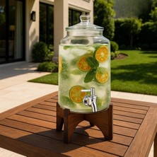 Sync Ticaret 3 Litre Cam Sebil Musluklu Içecek Dispenseri Akasya Standlı Limonata & Soğuk Içecek Sunumu Şık Sürah
