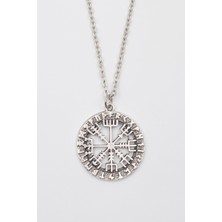 Alooya Viking Pusula Kolye (Vegvisir) - Düz Ezme İthal Zincirli Unisex Gümüş Kaplama - 60 cm