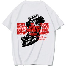 Brz Collection Unisex Oversize Born To Chase T-Shirt (Beyaz)
