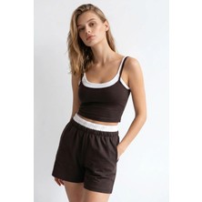 Mixray 2151 Kadın Biye Detaylı Askılı Crop Top Şort Takım Kahve