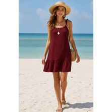 Cm Store Kadın Bordo Askılı Bol Kesim Fırfırlı Plaj Elbisesi