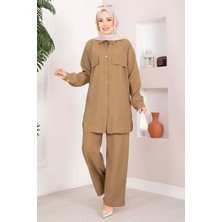 ZMR Aller Detaylı Düğmeli Tunik Pantolon Takım Camel
