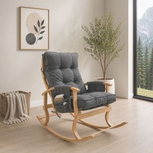 Badem10 Ahşap Sallanan Sandalye Tv Dinlenme Emzirme Baba Okuma Koltuğu Ergonomik Minderli Çift Cepli Füme