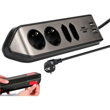 Sync Ticaret Estilo Mutfak ve Ofis Için Çelik Yüzeyli Köşeli 4 Soketli 2 USB Li 2 mt Uzatma Kablo