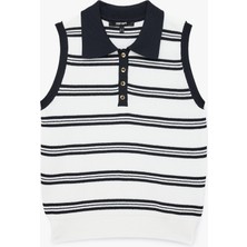 Koton Düğmeli Çizgili Polo Yaka Kolsuz Triko Top