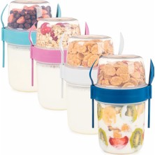 Sync Ticaret 650 ml Take-Go Kaşıklı Hazneli Meyveli Müsli Kabı Piknik Iş Yoğurt Süt Bardağı Kapaklı ve Kaşıklı Ka