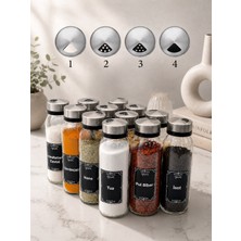 Lingo Home 12 Adet Lidi Paslanmaz Metal Kapaklı Tuzluk&baharatlık 250CC 16*5 cm Cam - 4 Farklı Ağız - Etiket Hediyeli