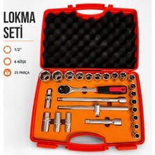 Badem10 Lokma Seti Vidalı Tip 1/2 6 Köşe 25 Parça Ağır Hizmet Krom Vanadyum Lokma Anahtar Seti