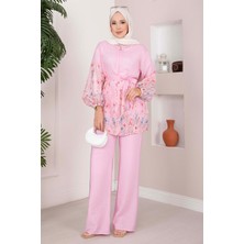 EFL Çiçek Desen Kuşaklı Tunik Pantolon Takım Pembe