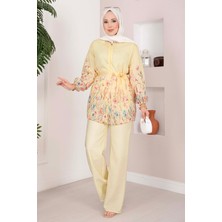 EFL Çiçek Desen Kuşaklı Tunik Pantolon Takım Sarı