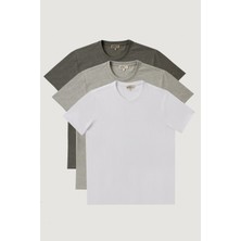 AC&Co / Altınyıldız Classics Erkek Beyaz-grı Melanj-k.grı Slim Fit Dar Kesim Bisiklet Yaka 3'lü %100 Pamuk Tişört Paketi