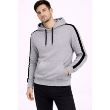 Nova Epoxy Art   Erkek Şeritli Kapüşonlu Sweatshirt Oversize 3 Iplik Pamuklu - Gri