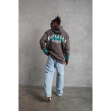 Nova Epoxy Art   Erkek Üç Iplik Içi Pamuklu Alev Baskılı Kapüşonlu Sweatshirt - Gri